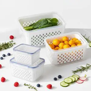 2-Pack Fridge Containers w/ Colanders, Airtight for Veggies/Berries/Meat Multi-functional fridge storage: wash, drain & store in one. keeps produce fresh, easy cleaning. for pre-cut fruits & veggies 2-Pack Fridge Containers w/ Colanders, Airtight for Veggies/Berries/Meat Multi-functional fridge storage: wash, drain & store in one. keeps produce fresh, easy cleaning. for pre-cut fruits & veggies