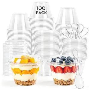 100 Pack 6oz Dessert Cups with Lids and Spoons, Small Plastic Yogurt Parfait Cups, Mini Round Party Serving Cup for Fruit, Pudding,Cake, Appetizer 100 Pack 6oz Dessert Cups with Lids and Spoons, Small Plastic Yogurt Parfait Cups, Mini Round Party Serving Cup for Fruit, Pudding,Cake, Appetizer