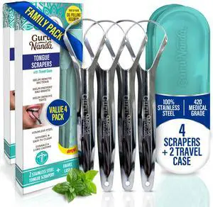 Tongue Scraper for Adults, Bad Breath Treatment, Gag Free, 4 ct | 420 Medical Grade Stainless Steel Spoon-Shaped Metal Tongue Scrapers|With Travel Case|Dentist Recommended|Value Pack Tongue Scraper for Adults, Bad Breath Treatment, Gag Free, 4 ct | 420 Medical Grade Stainless Steel Spoon-Shaped Metal Tongue Scrapers|With Travel Case|Dentist Recommended|Value Pack
