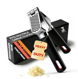 Heavy Duty Garlic Press | Built-In Peel Cleaner | Large Chamber fits Multiple Cloves | Easy Squeeze Ergonomic handle | Food-Grade & Independently Tested | Rust Proof Die Cast Zinc Alloy Heavy Duty Garlic Press | Built-In Peel Cleaner | Large Chamber fits Multiple Cloves | Easy Squeeze Ergonomic handle | Food-Grade & Independently Tested | Rust Proof Die Cast Zinc Alloy