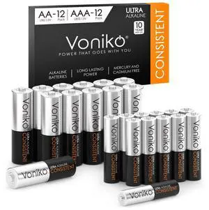 AA and AAA Batteries 24 Count Combo Pack, 12 Double A and 12 Triple A Batteries, 1.5V Premium Alkaline Battery, 10-Year Shelf Life AA and AAA Batteries 24 Count Combo Pack, 12 Double A and 12 Triple A Batteries, 1.5V Premium Alkaline Battery, 10-Year Shelf Life