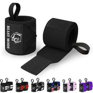 Elastic Cotton Weightlifting Wrist Wraps with Thumb Loops, 1 Pair | Black, 18 in length, Beast Mode print, Strong stitched seams, Adjustable hook and loop closure, For men and women Elastic Cotton Weightlifting Wrist Wraps with Thumb Loops, 1 Pair | Black, 18 in length, Beast Mode print, Strong stitched seams, Adjustable hook and loop closure, For men and women