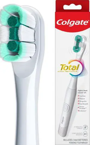 Total Adult Battery Powered Electric Toothbrush, White, Soft | Includes 2 AAA Batteries, Built-In 2 Minute Timer, 2 Brushing Modes, Powers Away Bacteria, Soft High-Density Bristles Total Adult Battery Powered Electric Toothbrush, White, Soft | Includes 2 AAA Batteries, Built-In 2 Minute Timer, 2 Brushing Modes, Powers Away Bacteria, Soft High-Density Bristles