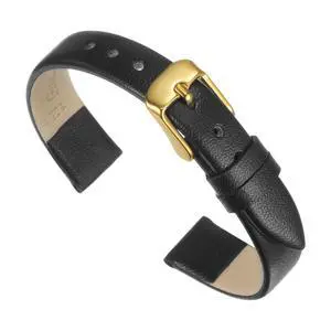 Black Genuine Leather Band 12mm Width, Flat Thin Elegant Leather Watch Strap Golden Tone Buckle for Women Black Genuine Leather Band 12mm Width, Flat Thin Elegant Leather Watch Strap Golden Tone Buckle for Women