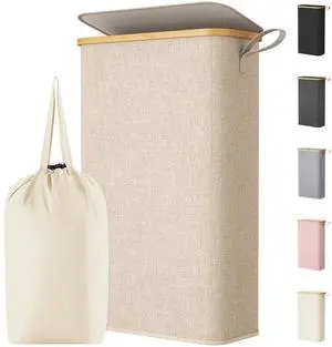 65L Slim Laundry Hamper with Lid and Removable Bag, Beige | Bamboo Handles, Foldable Narrow Laundry Baskets, Thin Laundry Bin, Dirty Clothes Hamper for Laundry, Bathroom, Bedroom, Dorm 65L Slim Laundry Hamper with Lid and Removable Bag, Beige | Bamboo Handles, Foldable Narrow Laundry Baskets, Thin Laundry Bin, Dirty Clothes Hamper for Laundry, Bathroom, Bedroom, Dorm