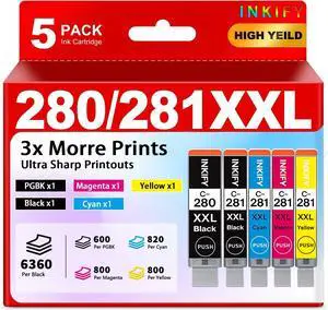 PGI-280XXL/CLI-281XXL Compatible Ink Cartridge Replacement for Canon Printer Ink 280 & 281 Cartridge for Canon PIXMA TR8620 TR8520 TR8600 TR8500 TR7520 TS6320 TS6220 TS6120 (5 Pack) PGI-280XXL/CLI-281XXL Compatible Ink Cartridge Replacement for Canon Printer Ink 280 & 281 Cartridge for Canon PIXMA TR8620 TR8520 TR8600 TR8500 TR7520 TS6320 TS6220 TS6120 (5 Pack)