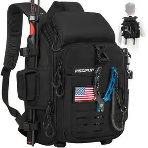 Fishing Tackle Backpack, Rod & Gear Holder, Water-Resistant | 15L storage, breathable padding & adjustable shoulder straps, MOLLE panel, Black Fishing Tackle Backpack, Rod & Gear Holder, Water-Resistant | 15L storage, breathable padding & adjustable shoulder straps, MOLLE panel, Black