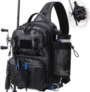 Fishing Sling Bag, Small Fishing Tackle Bag with Rod Holder | Water-resistant & Convertible Tackle Shoulder Bag for Fishing Gear,DIY Fishing Bag with Trap Pocket & Rod Holder, Black Camo Fishing Sling Bag, Small Fishing Tackle Bag with Rod Holder | Water-resistant & Convertible Tackle Shoulder Bag for Fishing Gear,DIY Fishing Bag with Trap Pocket & Rod Holder, Black Camo