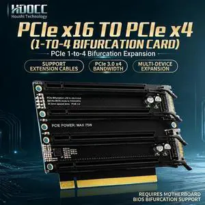 HOOCCC PCIe x16 to 4 x4 Port Bifurcation Expansion Card, PCIe 3.0 1-to-4 Splitter Riser, 20mm Spacing, SATA Power, Gold-Plated, for NVMe/SSD/GPU/Network Cards, BIOS Bifurcation Required HOOCCC PCIe x16 to 4 x4 Port Bifurcation Expansion Card, PCIe 3.0 1-to-4 Splitter Riser, 20mm Spacing, SATA Power, Gold-Plated, for NVMe/SSD/GPU/Network Cards, BIOS Bifurcation Required