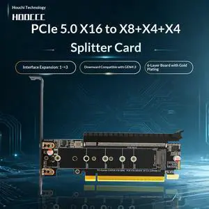 HOOCCC PCIe 5.0 X16 to X8+X4+X4 Splitter Card, PCIe 5.0 x8 Slot for Graphics Card, PCIe 4.0 x4 M.2 NVMe SSD Slot, 6-Layer Gold Plated, with Full-Height & Low-Profile Brackets HOOCCC PCIe 5.0 X16 to X8+X4+X4 Splitter Card, PCIe 5.0 x8 Slot for Graphics Card, PCIe 4.0 x4 M.2 NVMe SSD Slot, 6-Layer Gold Plated, with Full-Height & Low-Profile Brackets
