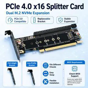 HOOCCC Dual M.2 NVMe PCIe 4.0 x16 Splitter Card PCIe Bifurcation x8 x4 x4 Adapter with Full Height and Low Profile Brackets HOOCCC Dual M.2 NVMe PCIe 4.0 x16 Splitter Card PCIe Bifurcation x8 x4 x4 Adapter with Full Height and Low Profile Brackets