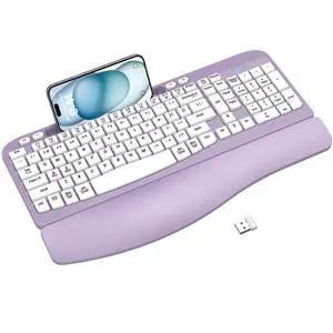 2.4G Wireless Ergonomic Keyboard, Full Size Wave Keys with Memory Foam Wrist Rest & 7.28in Phone Holder, USB-C Adapter Included for Windows Mac Chrome OS, Office or Home (Purple) 2.4G Wireless Ergonomic Keyboard, Full Size Wave Keys with Memory Foam Wrist Rest & 7.28in Phone Holder, USB-C Adapter Included for Windows Mac Chrome OS, Office or Home (Purple)