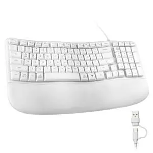 Wired Ergonomic Keyboard, Curved Wave Keyboard with Cushioned Wrist Rest, Compact Full-Size Layout, USB-A & C Port, 13 Shortcuts Keys, Natural Typing, Compatible with Win/Mac, Laptop, PC, White Wired Ergonomic Keyboard, Curved Wave Keyboard with Cushioned Wrist Rest, Compact Full-Size Layout, USB-A & C Port, 13 Shortcuts Keys, Natural Typing, Compatible with Win/Mac, Laptop, PC, White