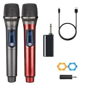 Wireless Microphones, Dual Handheld Dynamic Wireless Mic for Karaoke, Wedding, DJ, Party, Speech, Church, Class, PA System, 200ft, Gray & Red Wireless Microphones, Dual Handheld Dynamic Wireless Mic for Karaoke, Wedding, DJ, Party, Speech, Church, Class, PA System, 200ft, Gray & Red