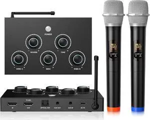 Wireless Karaoke Microphone System, Microphone Mixer Dual Handheld Wireless Microphones, HDMI & AUX in/Out, Optical Out, 100ft Range, Karaoke Mic for TV, Speakers, Singing, Church & Wedding-Black Wireless Karaoke Microphone System, Microphone Mixer Dual Handheld Wireless Microphones, HDMI & AUX in/Out, Optical Out, 100ft Range, Karaoke Mic for TV, Speakers, Singing, Church & Wedding-Black