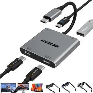 4-in-1 Dual USB-C Display Hub for AR Glasses, 4K@60Hz Video Output, 100W PD Input, 5Gbps USB 3.0, Charge & Play for AR Glasses, Switch 2, Steam Deck, Laptops, Portable Monitors & Type-C Displays 4-in-1 Dual USB-C Display Hub for AR Glasses, 4K@60Hz Video Output, 100W PD Input, 5Gbps USB 3.0, Charge & Play for AR Glasses, Switch 2, Steam Deck, Laptops, Portable Monitors & Type-C Displays