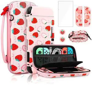 Pink Carry Case Bundle for Nintendo Switch, Cute Case Accessories Set for Switch with Hard Travel Case, Soft TPU cover, Adjustable Strap, Screen Protector, Thumb Grip Caps (Cute Pink Strawberry) Pink Carry Case Bundle for Nintendo Switch, Cute Case Accessories Set for Switch with Hard Travel Case, Soft TPU cover, Adjustable Strap, Screen Protector, Thumb Grip Caps (Cute Pink Strawberry)