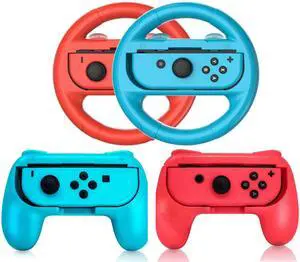2 PCS Grips for Joy Con and 2 PCS Steering Wheel Compatible for Nintendo Switch Wheel, Family Sports Party Pack Accessories Compatible with Switch / Switch OLED JoyCon Controllers, (Blue and Red) 2 PCS Grips for Joy Con and 2 PCS Steering Wheel Compatible for Nintendo Switch Wheel, Family Sports Party Pack Accessories Compatible with Switch / Switch OLED JoyCon Controllers, (Blue and Red)
