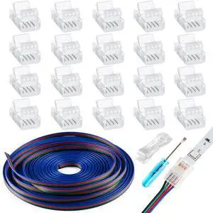 20Pcs 4Pin 10mm LED Strip Connectors Solderless with 16.4ft Extension Cable 20Pcs 4Pin 10mm LED Strip Connectors Solderless with 16.4ft Extension Cable