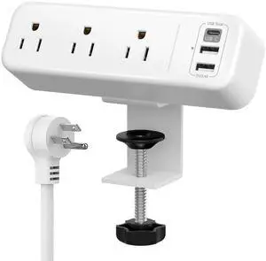Desk Clamp Power Strip with USB C, 3 Outlets Desktop Mount Power Station with 6.5 ft Plug Extension Cord, White Desk Clamp Power Strip with USB C, 3 Outlets Desktop Mount Power Station with 6.5 ft Plug Extension Cord, White