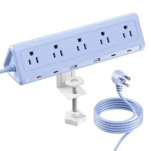 Blue Desk Clamp Power Strip with 6.5 FT Extension Cord, PD 40W USB-C Fast Charging Ports, 5 AC Outlets 4 USB-C 2 USB-A, Fits 2.1 inch Table Edges Blue Desk Clamp Power Strip with 6.5 FT Extension Cord, PD 40W USB-C Fast Charging Ports, 5 AC Outlets 4 USB-C 2 USB-A, Fits 2.1 inch Table Edges
