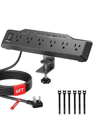 Desk Clamp Power Strip Surge Protector with 1800J, 6 Ft Mount Power Strip 6 Outlets and 6 USB (Any C Port 35W) for Laptop, Home Office Dorm, Fits 1.96" Table Edge Desk Clamp Power Strip Surge Protector with 1800J, 6 Ft Mount Power Strip 6 Outlets and 6 USB (Any C Port 35W) for Laptop, Home Office Dorm, Fits 1.96" Table Edge