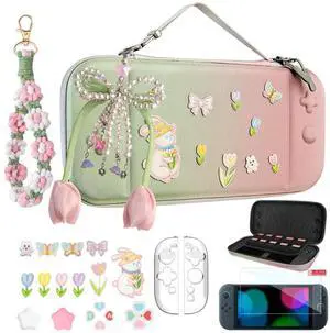 Cute Travel Carrying Case for Switch 2 2025 with Silicone j-con Covers, Thumb Grip Caps, Screen Protector, Flower Strap, Charms and Embroidery stickers for Girls Women, Pink Green Cute Travel Carrying Case for Switch 2 2025 with Silicone j-con Covers, Thumb Grip Caps, Screen Protector, Flower Strap, Charms and Embroidery stickers for Girls Women, Pink Green