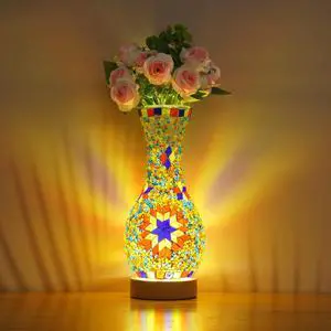 Mosaic Vase Lamp, Turkish Table Lamp with Wood Base, USB LED Mosaic Vase Lamp, Turkish Table Lamp with Wood Base, USB LED