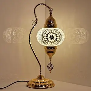 Turkish Mosaic Table Lamp, Moroccan Style Swan Neck Bedside Lamp with Handmade Glass Shade, LED Bulb Included, Warm Ambient Decorative Accent Lamp for Bedroom, Living Room, Nightstand (White) Turkish Mosaic Table Lamp, Moroccan Style Swan Neck Bedside Lamp with Handmade Glass Shade, LED Bulb Included, Warm Ambient Decorative Accent Lamp for Bedroom, Living Room, Nightstand (White)