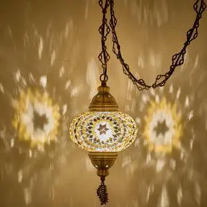 Plug-in Turkish Moroccan Mosaic Hanging Pendant Ceiling Light Swag Lamp Fixture with 15ft Cord & Chain, Handcrafted Glass, Tiffany Style, Mediterranean Decor (Amber Brown) Plug-in Turkish Moroccan Mosaic Hanging Pendant Ceiling Light Swag Lamp Fixture with 15ft Cord & Chain, Handcrafted Glass, Tiffany Style, Mediterranean Decor (Amber Brown)