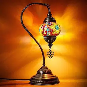 Turkish Moroccan Mosaic Table Lamp - Tiffany Handmade Colorful Mosaic Lamp, Decorative Glass Antique Bohemian Vintage Lamp Shade, Swan Neck Bedside and Table Desk Lamp,15 ½ inch Turkish Moroccan Mosaic Table Lamp - Tiffany Handmade Colorful Mosaic Lamp, Decorative Glass Antique Bohemian Vintage Lamp Shade, Swan Neck Bedside and Table Desk Lamp,15 ½ inch