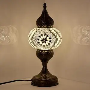 Decorative Mosaic Bedside Lamp, Turkish Moroccan Style Table Lamp with White Silver Glass Shade, E12 LED Bulb Included, Warm Ambient Lamp for Nightstand, Bedroom, Living Room (White) Decorative Mosaic Bedside Lamp, Turkish Moroccan Style Table Lamp with White Silver Glass Shade, E12 LED Bulb Included, Warm Ambient Lamp for Nightstand, Bedroom, Living Room (White)