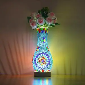 Mosaic Vase Lamp, Turkish Table Lamp with Wood Base, USB LED Mosaic Vase Lamp, Turkish Table Lamp with Wood Base, USB LED