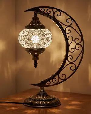 Turkish Mosaic Moon Lamp - Handmade Stained Glass Table Lamp with Metal Crescent Base, Bohemian Moroccan Bedside Night Light for Bedroom Living Room Decor, Unique Gift(Classic Style) Turkish Mosaic Moon Lamp - Handmade Stained Glass Table Lamp with Metal Crescent Base, Bohemian Moroccan Bedside Night Light for Bedroom Living Room Decor, Unique Gift(Classic Style)