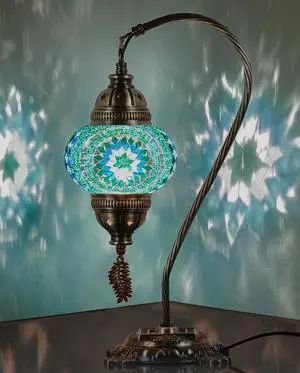 Turkish Moroccan Mosaic Table Lamp Handcrafted Tiffany-Style Colorful Glass Swan Neck Bedside, Desk, Table Light, Boho Artisan Accent Lighting for Bedroom or Living Room 15" H, Turquoise Turkish Moroccan Mosaic Table Lamp Handcrafted Tiffany-Style Colorful Glass Swan Neck Bedside, Desk, Table Light, Boho Artisan Accent Lighting for Bedroom or Living Room 15" H, Turquoise