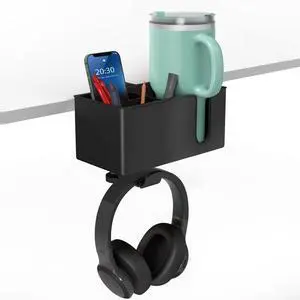 4-in-1 Desk Organizer- Large Desk Cup Holder Clamp with Headphone Stand, Pencil Holder and Phone Stand - Detachable, Rotating Hanger, Office & PC Gaming Accessories for Cup, Phone and Pen 4-in-1 Desk Organizer- Large Desk Cup Holder Clamp with Headphone Stand, Pencil Holder and Phone Stand - Detachable, Rotating Hanger, Office & PC Gaming Accessories for Cup, Phone and Pen