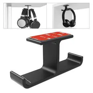 Dual Headphone Hanger Stand for Under Desk, Aluminum Adhesive Headset Hook Mount with Screw Option, Space-Saving PC Gaming Accessories for All Headphones, Black Dual Headphone Hanger Stand for Under Desk, Aluminum Adhesive Headset Hook Mount with Screw Option, Space-Saving PC Gaming Accessories for All Headphones, Black
