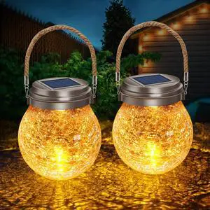 Solar Lanterns Outdoor 2 Pack - Waterproof IP65 Hanging Solar Lights with Warm Amber & RGB Colors, Crackle Glass LED Ball Lights Globes Garden Decorative for Patio Tree Backyard Pathway Railing Solar Lanterns Outdoor 2 Pack - Waterproof IP65 Hanging Solar Lights with Warm Amber & RGB Colors, Crackle Glass LED Ball Lights Globes Garden Decorative for Patio Tree Backyard Pathway Railing
