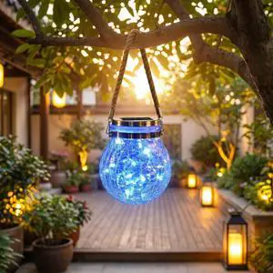 Solar Powered Transparent Glass Jar Lantern with 30 LED Lights,Hanging Outdoor Garden Light(Blue) Solar Powered Transparent Glass Jar Lantern with 30 LED Lights,Hanging Outdoor Garden Light(Blue)