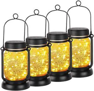 4 Pack Solar Mason Jar Hanging Lantern with Stakes, Warm White 4 Pack Solar Mason Jar Hanging Lantern with Stakes, Warm White