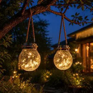 Warm White Solar Lanterns, 2 Pack Cracked Glass Hanging Lights Warm White Solar Lanterns, 2 Pack Cracked Glass Hanging Lights
