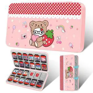 Switch Game Case for Nintendo Switch 2 / Switch / OLED / Lite - Cute Portable Storage Holder with 24 Game Card Slots and 24 Micro SD Cards Cartoon Cartridge for Girls Kids, Bear Strawberry Switch Game Case for Nintendo Switch 2 / Switch / OLED / Lite - Cute Portable Storage Holder with 24 Game Card Slots and 24 Micro SD Cards Cartoon Cartridge for Girls Kids, Bear Strawberry