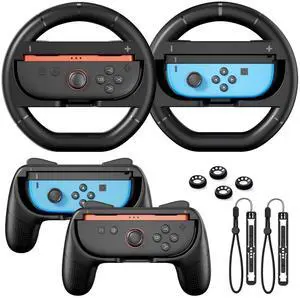 Switch 2 Joycon Grips & Steering Wheels, Joycons Accessories for Nintendo Switch 2/Switch1/OLED, Controller Holder & Steering Wheel Set with Anti-Slip Thumb Grip Wrist strap Switch 2 Joycon Grips & Steering Wheels, Joycons Accessories for Nintendo Switch 2/Switch1/OLED, Controller Holder & Steering Wheel Set with Anti-Slip Thumb Grip Wrist strap