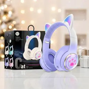 Cat Ear Bluetooth Kids Headphones, LED Lights, Safe Volume, Foldable Cat Ear Bluetooth Kids Headphones, LED Lights, Safe Volume, Foldable