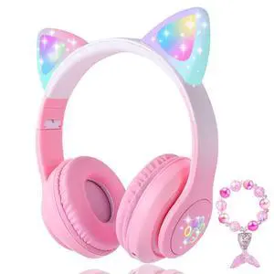 Cat Ear Kids Headphones Bluetooth, LED Light up Wireless/Wired Mode Over Ear Headphones with Build in Microphone for School/Travel (Pink) Cat Ear Kids Headphones Bluetooth, LED Light up Wireless/Wired Mode Over Ear Headphones with Build in Microphone for School/Travel (Pink)