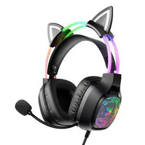 Gaming Headset with Microphone, RGB Lights, Detachable Cat Ear, Lightweight Over-Ear Headphones with Adjustable Headband for PC, PS4, PS5, Mac, Switch, Surround Sound, in-Line Control, Black Gaming Headset with Microphone, RGB Lights, Detachable Cat Ear, Lightweight Over-Ear Headphones with Adjustable Headband for PC, PS4, PS5, Mac, Switch, Surround Sound, in-Line Control, Black