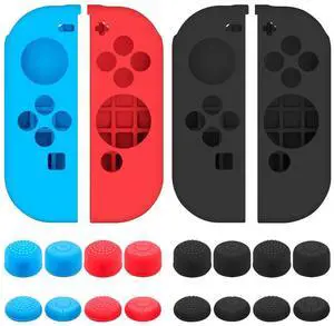 Protective Case Compatible with Nintendo Switch Joy-Con Controller with Thumb Caps, 2 Pack Anti-Slip Silicone Grips Covers with 16 Thumb Stick Pads - Black, Blue + Red Protective Case Compatible with Nintendo Switch Joy-Con Controller with Thumb Caps, 2 Pack Anti-Slip Silicone Grips Covers with 16 Thumb Stick Pads - Black, Blue + Red