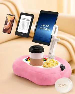 Tablet & Kindle Pillow Stand for Bed, Adjustable iPad Holder for Couch and Lap with 2 Snack Bowls, Cup Holder, 50 Disposable Liners and Washable Cover, Pink Tablet & Kindle Pillow Stand for Bed, Adjustable iPad Holder for Couch and Lap with 2 Snack Bowls, Cup Holder, 50 Disposable Liners and Washable Cover, Pink
