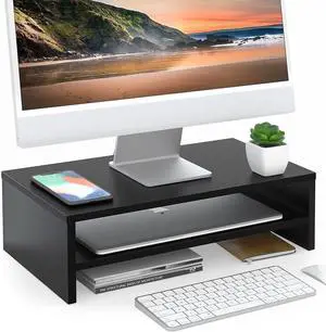 Wooden Monitor Stand Riser, 2-Tier Desk Storage Shelf, Black Wooden Monitor Stand Riser, 2-Tier Desk Storage Shelf, Black