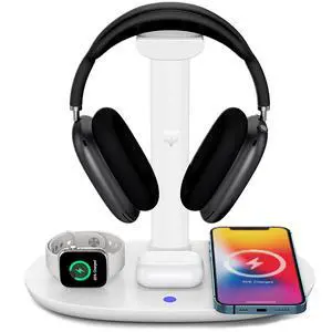 4 in 1 Wireless Charger with Headphone Stand for iPhone 17 16 15 14 13 12 Pro Max, Apple Watch 11 10 Ultra SE, AirPods Max 4 & Samsung S25-15W Gaming Desk Organizer (Adapter Not Included)(White) 4 in 1 Wireless Charger with Headphone Stand for iPhone 17 16 15 14 13 12 Pro Max, Apple Watch 11 10 Ultra SE, AirPods Max 4 & Samsung S25-15W Gaming Desk Organizer (Adapter Not Included)(White)